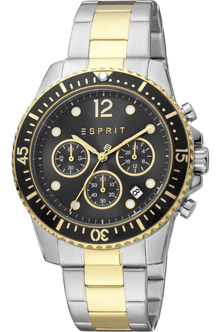 Front view of Esprit Hudson Chronograph ES1G373M0085 Black Dial Gold Stainless Steel Mens Watch on white background