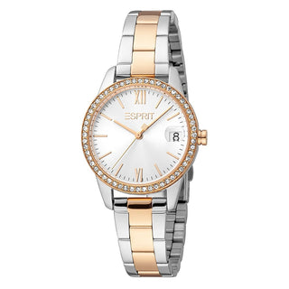 Front view of Esprit Wind Glam ES1L315M0125 Grey Dial Rose Gold Stainless Steel Womens Watch on white background