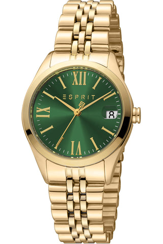 Front view of Esprit Gina ES1L321M0065 Green Dial Gold Stainless Steel Womens Watch on white background