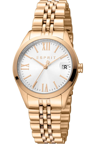 Front view of Esprit Gina ES1L321M0075 Grey Dial Rose Gold Stainless Steel Womens Watch on white background