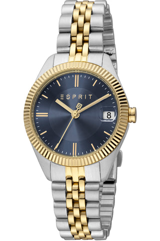 Front view of Esprit Madison ES1L340M0105 Blue Dial Gold Stainless Steel Womens Watch on white background