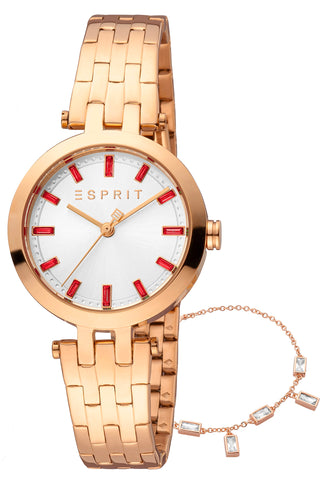 Front view of Esprit Brooklyn ES1L342M0095 Grey Dial Rose Gold Stainless Steel Womens Watch on white background