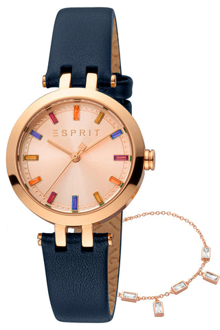 Front view of Esprit Brooklyn ES1L342V0125 Pink Dial Blue Leather Womens Watch on white background