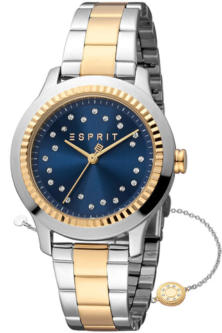 Front view of Esprit Joyce ES1L351M0125 Blue Dial Gold Stainless Steel Womens Watch on white background