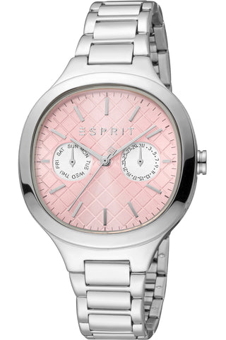 Front view of Esprit Momo ES1L352M0045 Pink Dial Grey Stainless Steel Womens Watch on white background