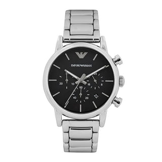 Front view of Emporio Armani Luigi Chronograph AR1853 Black Dial Silver Stainless Steel Mens Watch on white background