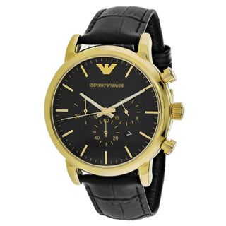 Front view of Emporio Armani Luigi Chronograph AR1917 Black Leather Mens Watch on white background