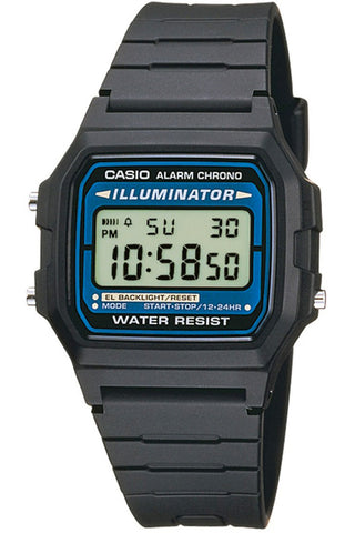 Front view of Casio Retro Vintage F-105W-1A Black Resin Unisex Watch on white background