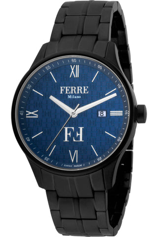 Front view of Ferre Milano FM1G112M0261 Blue Dial Black Stainless Steel Mens Watch on white background