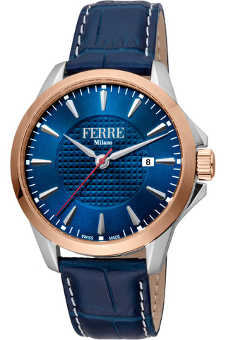 Front view of Ferre Milano FM1G157L0021 Blue Leather Mens Watch on white background