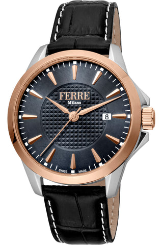 Front view of Ferre Milano FM1G157L0031 Grey Dial Black Leather Mens Watch on white background