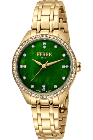 Front view of Ferre Milano FM1L116M0071 Green Dial Gold Stainless Steel Womens Watch on white background