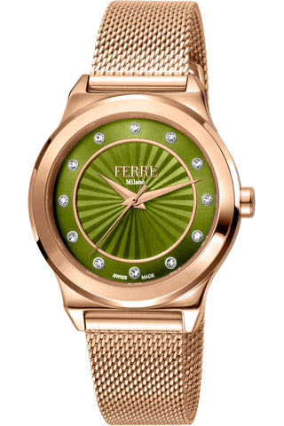 Front view of Ferre Milano FM1L125M0271 Green Dial Rose Gold Stainless Steel Womens Watch on white background