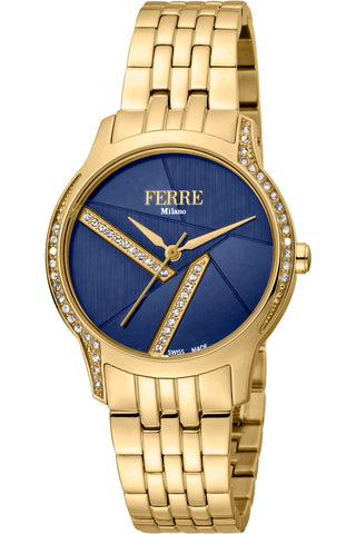 Front view of Ferre Milano FM1L145M0071 Blue Dial Gold Stainless Steel Womens Watch on white background