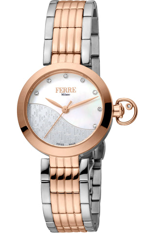 Front view of Ferre Milano FM1L148M0091 Mother Of Pearl Dial Rose Gold Stainless Steel Womens Watch on white background