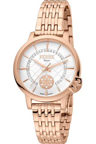 Front view of Ferre Milano FM1L150M0081 Grey Dial Rose Gold Stainless Steel Womens Watch on white background