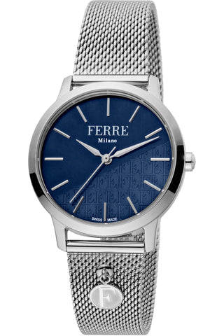 Front view of Ferre Milano FM1L152M0051 Blue Dial Grey Stainless Steel Womens Watch on white background