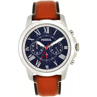 Front view of Fossil Grant Chronograph FS5210 Blue Dial Brown Leather Mens Watch on white background