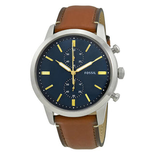 Front view of Fossil Townsman Chronograph FS5279 Blue Dial Brown Leather Mens Watch on white background