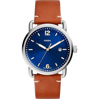 Front view of Fossil Couter FS5325 Blue Dial Brown Leather Mens Watch on white background