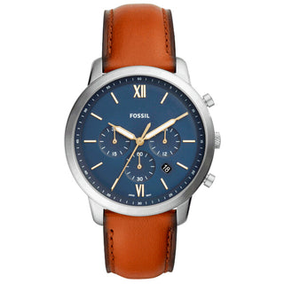 Front view of Fossil Neutra Chronograph FS5453 Blue Dial Brown Leather Mens Watch on white background