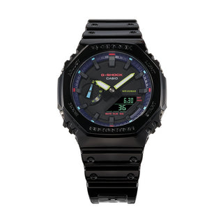 Angle shot of Casio G-Shock GA-2100RGB-1AER Black Resin Mens Watch on white background