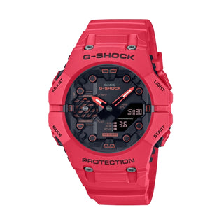 Front view of Casio G-Shock GA-B001-4AER Red Dial Resin Mens Watch on white background