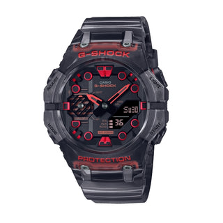 Front view of Casio G-Shock GA-B001G-1AER Red Dial Grey Resin Mens Watch on white background