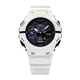 Angle shot of Casio G-Shock GA-B001SF-7AER Black Dial White Resin Mens Watch on white background