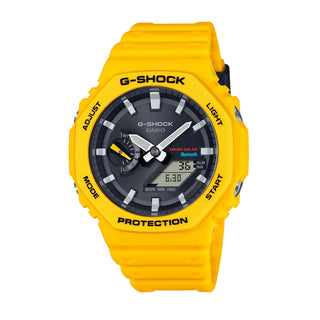 Front view of Casio G-Shock GA-B2100C-9AER Black Dial Yellow Resin Mens Watch on white background