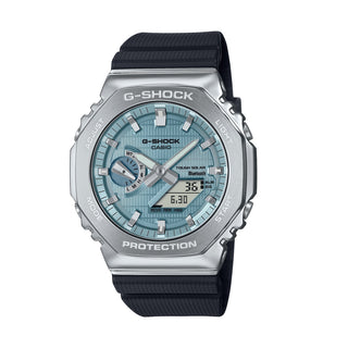 Front view of Casio G-Steel Tough Solar Bluetooth® Light Blue Dial GBM-2100A-1A2ER Mens Watch on white background