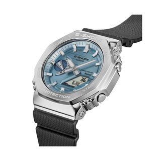 Angle shot of Casio G-Steel Tough Solar Bluetooth® Light Blue Dial GBM-2100A-1A2ER Mens Watch on white background