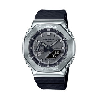 Front view of Casio G-Shock GM-2100-1AER Grey Dial Black Resin Mens Watch on white background