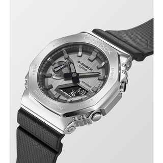 Angle shot of Casio G-Shock GM-2100-1AER Grey Dial Black Resin Mens Watch on white background