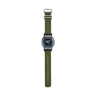 Angle shot of Casio G-Shock GM-2100CB-3AER Black Dial Green Fabric Mens Watch on white background