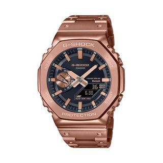 Front view of Casio G-Shock GM-B2100GD-5AER Black Dial Rose Gold Stainless Steel Mens Watch on white background