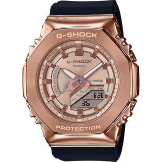 Front view of Casio Oak Metal Covered Compact Pink Gold Serie GM-S2100PG-1A4ER Womens Watch on white background