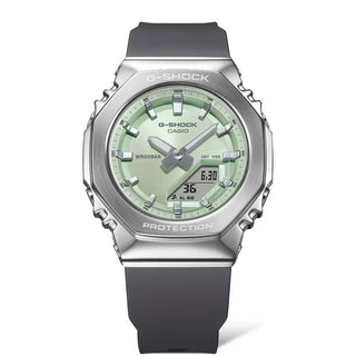 Angle shot of Casio Mini Oak G-Steel Green GM-S2110-3AER Womens Watch on white background