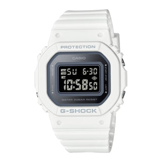 Front view of Casio G-Shock GMD-S5600-7ER Black Dial White Resin Womens Watch on white background