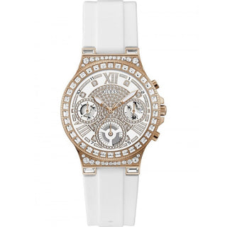 Front view of Guess Moonlight Diamonds Chronograph GW0257L2 White Silicone Womens Watch on white background