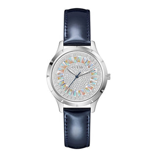 Front view of Guess Glamour GW0299L1 Grey Dial Blue Leather Womens Watch on white background