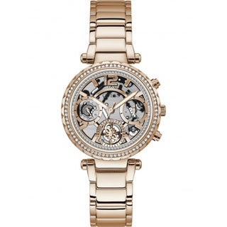 Front view of Guess Solstice Diamonds Chronograph GW0403L3 Rose Gold Stainless Steel Womens Watch on white background