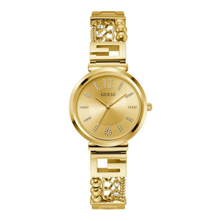 Front view of Guess Cluster GW0545L2 Gold Stainless Steel Womens Watch on white background