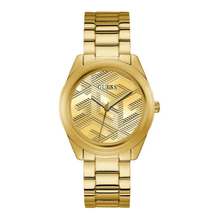 Front view of Guess Cubed GW0606L2 Gold Stainless Steel Womens Watch on white background