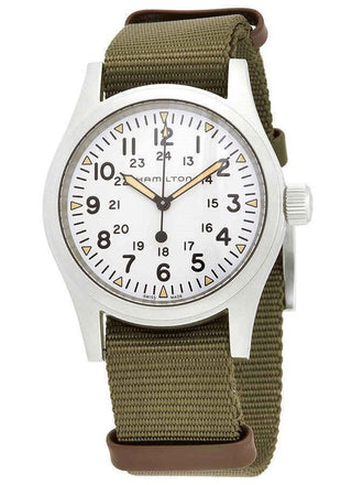 Front view of Hamilton Khaki Field Mechanical H69439411 Fabric Mens Watch on white background