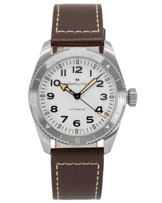 Front view of Hamilton Khaki Field Expedition Auto H70225510 Leather Mens Watch on white background