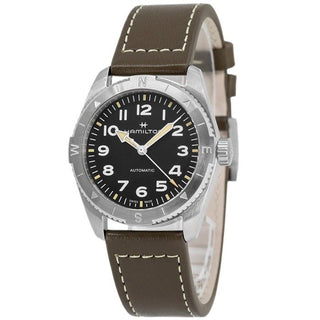 Front view of Hamilton Khaki Field Expedition Auto H70225830 Leather Mens Watch on white background