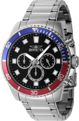 Front view of Invicta Pro Diver Chronograph INV46053 Black Dial Grey Stainless Steel Mens Watch on white background