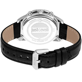 Angle shot of Just Cavalli Sport JC1G175 Crono Classe Chronograph JC1G175L0215 Grey Dial Black Leather Mens Watch on white background