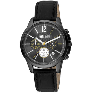 Front view of Just Cavalli Sport JC1G175 Crono Classe Chronograph JC1G175L0245 Grey Dial Black Leather Mens Watch on white background